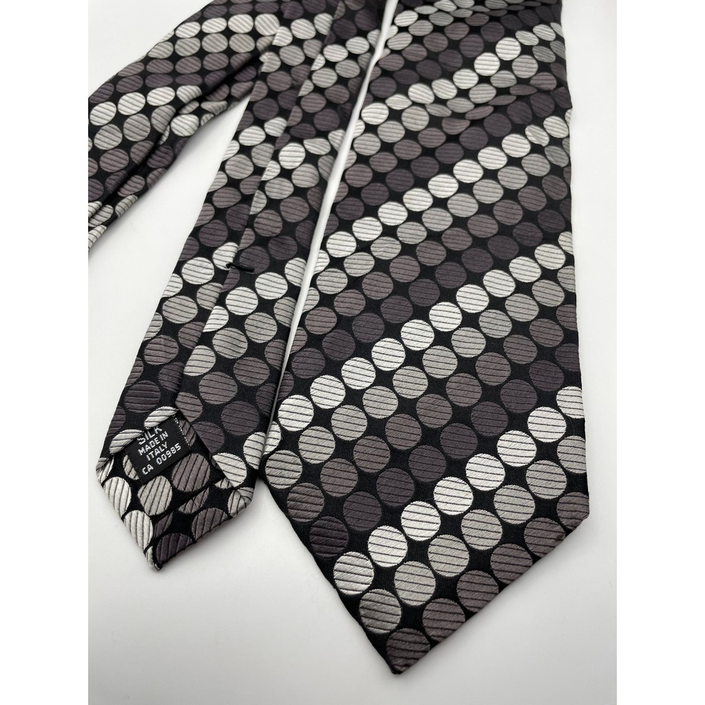 Holt Renfrew Mens Silk Tie Black Gray Geometric Circle Made in Italy CA00985
